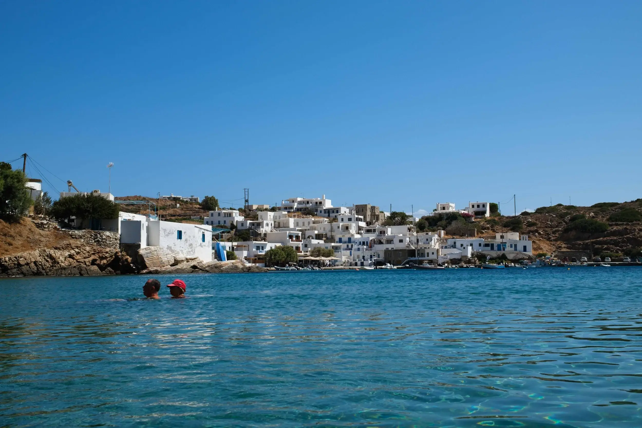 Looking across the village and beach at Faros